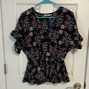 Mi Ami Floral Peplum Blouse with Faux Wrap Detail